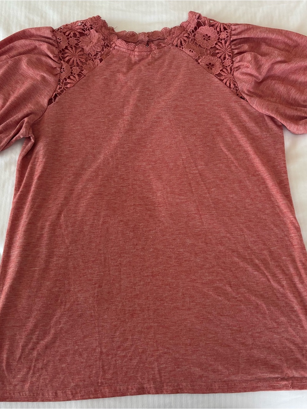 Women's Lace-Yoke Short Sleeve Top - Dusty Rose/Salmon Colored